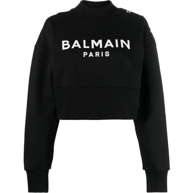 3-Button Logo-Print Crop Sweatshirt - BLACK/WHITE - Small