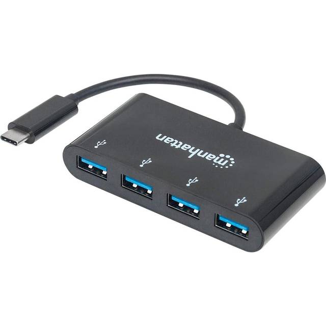 Manhattan USB-C Dock/Hub, Ports (x4): USB-A (x4), 5 Gbps (USB 3.2 Gen1 aka USB 3.0), External Power Supply Not Needed, Universal for all devices, Cable 20cm, SuperSpeed USB, Black, Three Year Warranty, Equivalent to HB30C4AB