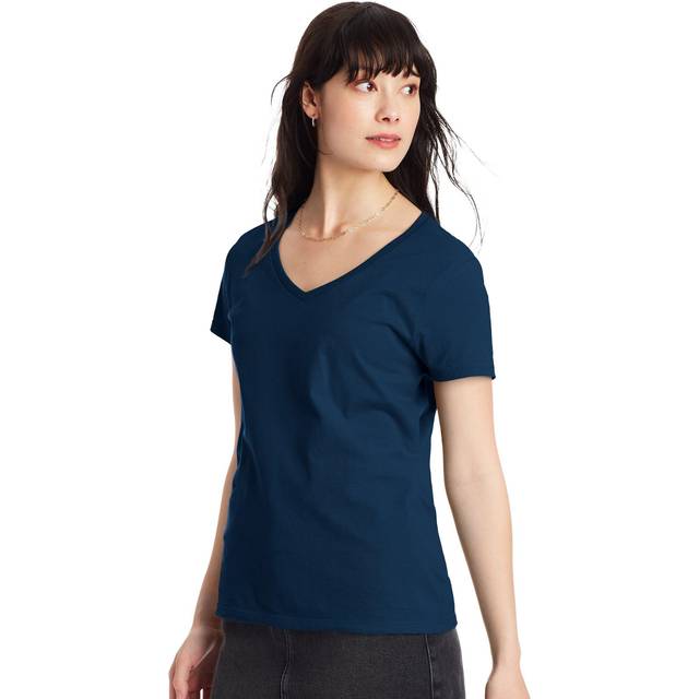 Hanes Dam lätt nano-T kortärmad V-ringad T-shirt 2-pack (OS04V2), marinblå - L - 2PK, Marinblå