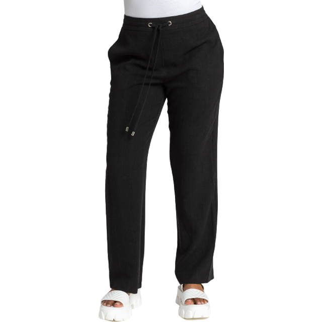 Roman Petite Black Linen Mix Elastic Waist Tie Front Trousers - Size 16