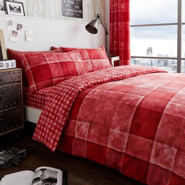 Printed Polycotton Denim Check Duvet Cover With Pillowcases - Red - King