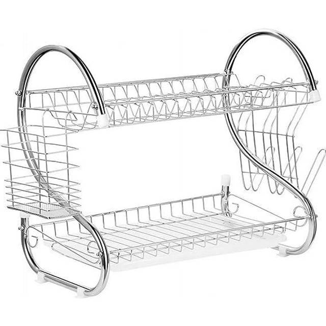 Dish drain rack drainer stand 2-level 38cm hangers cutlery holder removable tray
