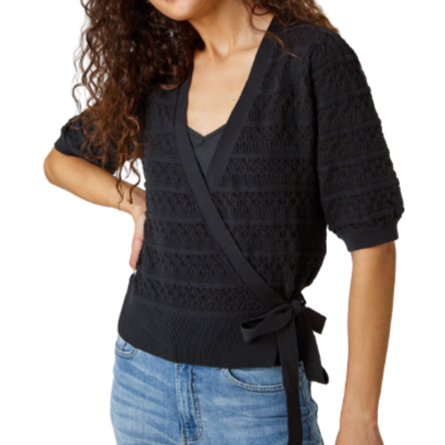 Cotton Wrap Tie Detail Cardigan - Black - 12
