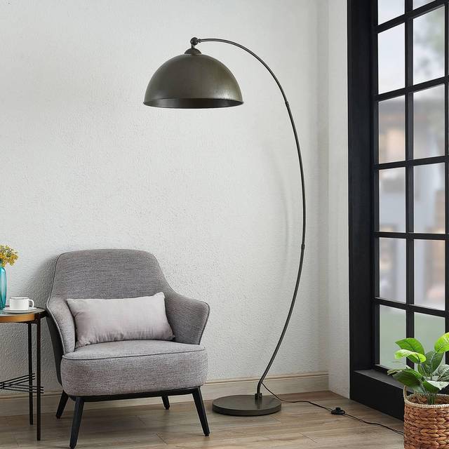 Lindby båglampa Jonera, grå, metall, E27, 185 cm hög