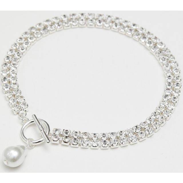 Womens Silver Crystal Diamante Pearl Charm Choker Necklace - Grey - One Size