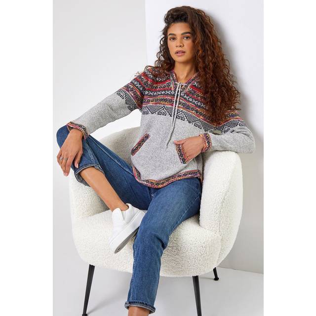 Nordic Print Hooded V-Neck Jumper - Grey - Size 20 - Roman