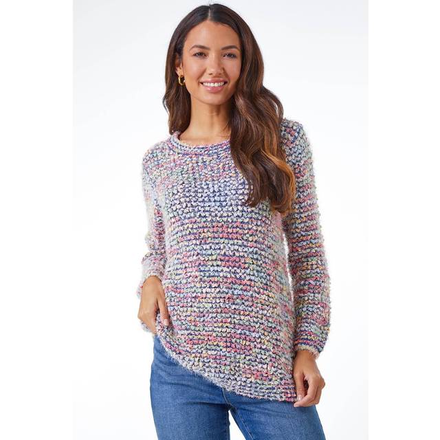 Fluffy Striped Curve Hem Jumper - Blue - Size 12 - Roman