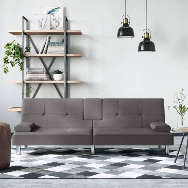 Bäddsoffa med mugghållare grå konstläder