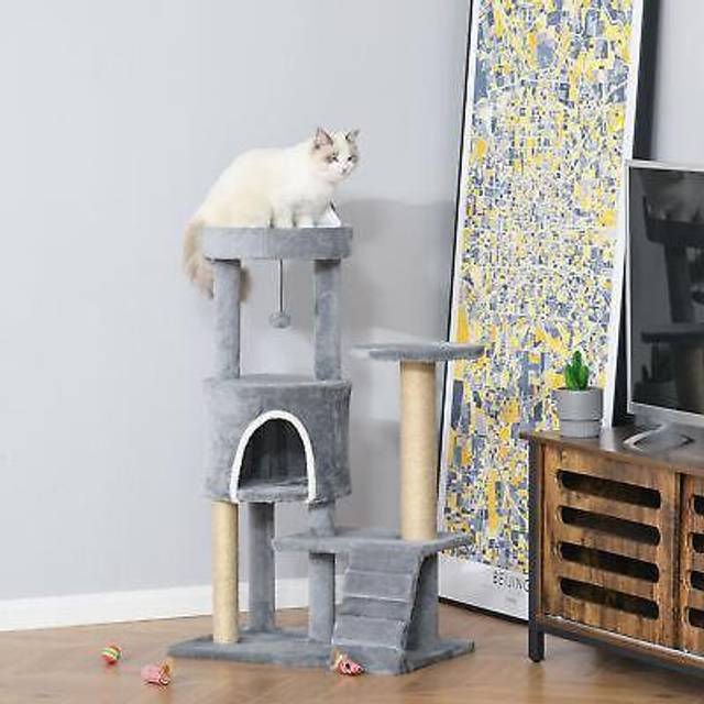 Pawhut 100cm Cat Tree Tower Condo Multi Platform Kitty Cat Center With Climbing Ladder Scratching Post Hanging Toy Ball, Light Grey