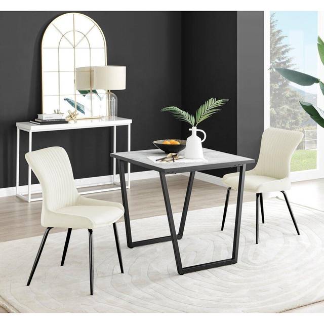 Carson White Marble Effect Square Dining Table and 2 Nora Black Leg Chairs - Cream