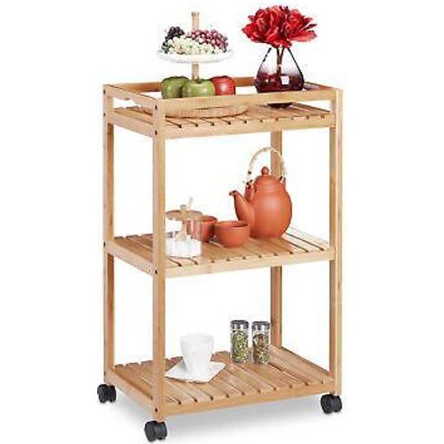 Relaxdays - Bamboo Serving Trolley, 3-Tier Kitchen Cart, Plastic Casters with Brakes, HxWxD: 77 x 47 x 32.5 cm, Natural