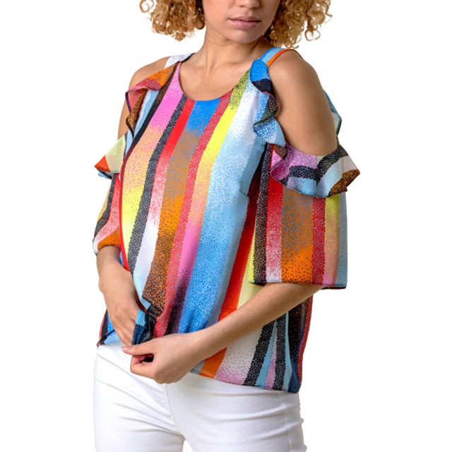Roman Multi Stripe Print Cold Shoulder Frill Top - Size 10