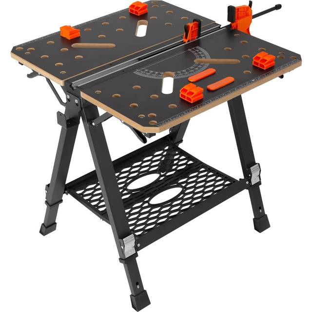 2-in-1 Folding Work Table, 1000 lbs Capacity Sawhorse & Workbench, Adjustable Height, Steel Legs, Portable Foldable Tool Stand with Wood Clamp, 4