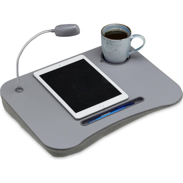 Laptop Tray, Lapdesk With Cup Holder & led Light, Portable Travel Table, Multi-Purpose, Grey - Relaxdays