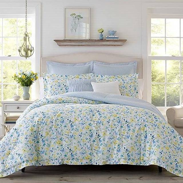Laura Ashley Comforter, Soft Reversible Bedding Set, Includes Matching Bonus Euro Shams & Throw Pillows, Queen, Nora Blue/Yellow/Green/White