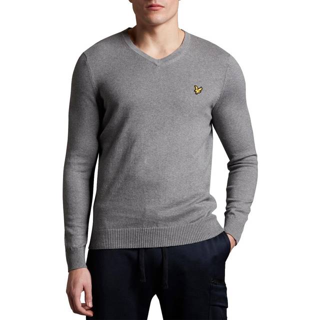 (L, Mid Grey Marl) Lyle & Scott Mens Cotton Merino V Neck Lightweight Golf Sweater