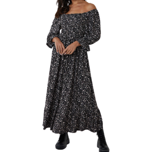 Blue Vanilla Womens Puff Sleeve Square Neck Shirred Midi Dress - Black - Size 8 UK