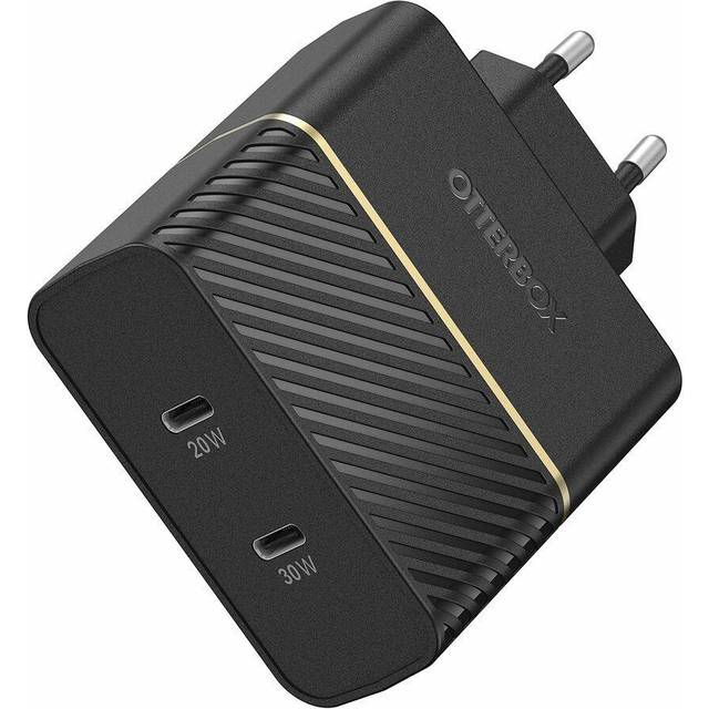 OtterBox EU Väggladdare med två utgångar 50W, USB-C PD 30W GaN + USB-C PD 20W, snabbladdare för Smartphone och surfplatta, falltestad, tålig, Svart