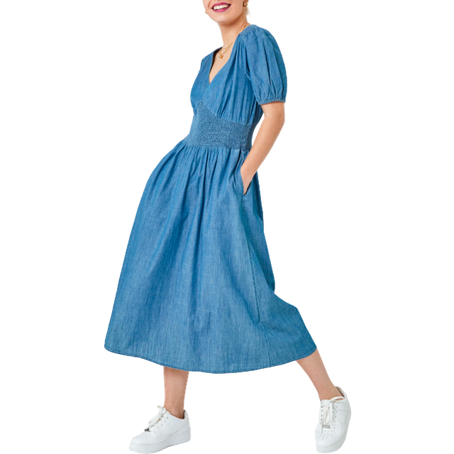 Dusk Denim Shirred Waist Pocket Midi Dress - Size 18
