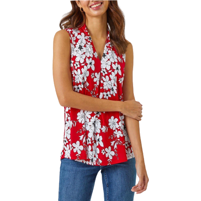 Textured Floral Print Sleeveless Top - Red - 20