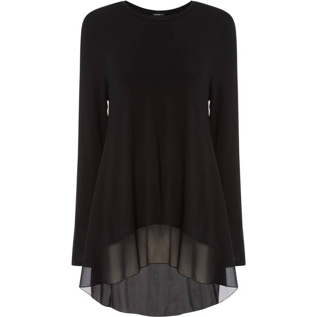 Long Sleeve Floaty Dipped Hem Chiffon Top - Black - 14