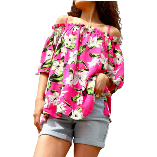 Fuchsia Tropical Cold Shoulder Bardot Top - Fuchsia - Size 18 - Roman
