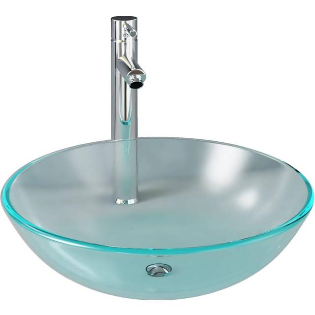 vidaXL Bathroom Sink with Tap and Push Drain Frosted Tempered Glass - Silver