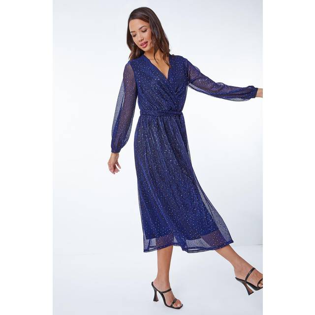 Roman Womens Shimmer Plisse Wrap Dress - Blue - Size 14 UK