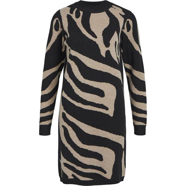 OBJRAY L/S stickad klänning AOP NOOS, Black/Aop: fossil stor djurjacka, L