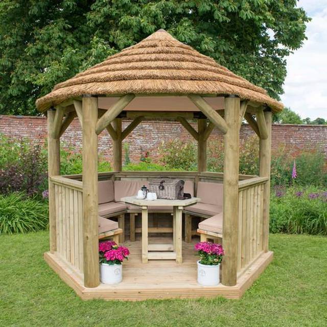 10'x9' (3x2.7m) Luxury Wooden Furnished Garden Gazebo with Thatched Roof - Seats up to 10 people