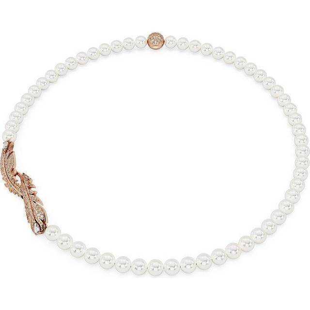 Nice necklace, Crystal pearl, Magnetic closure, Feather, White, Rose gold-tone plated