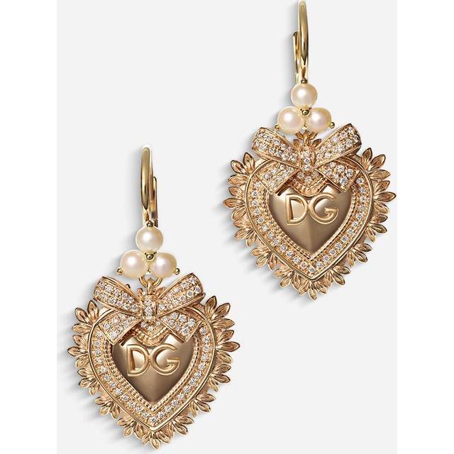 Dolce & Gabbana Devotion Earrings In Yellow Gold With Diamonds And Pearls - Woman Earrings Gold Onesize
