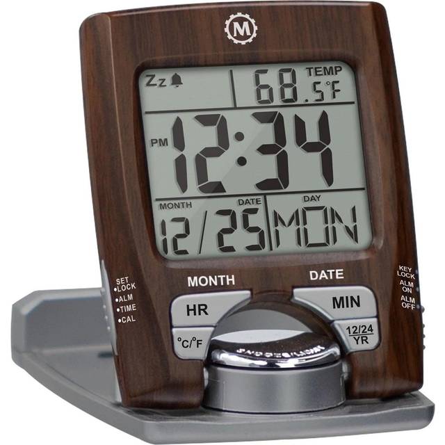 Marathon Clock Travel Alarm Calendar & Temperature Wood