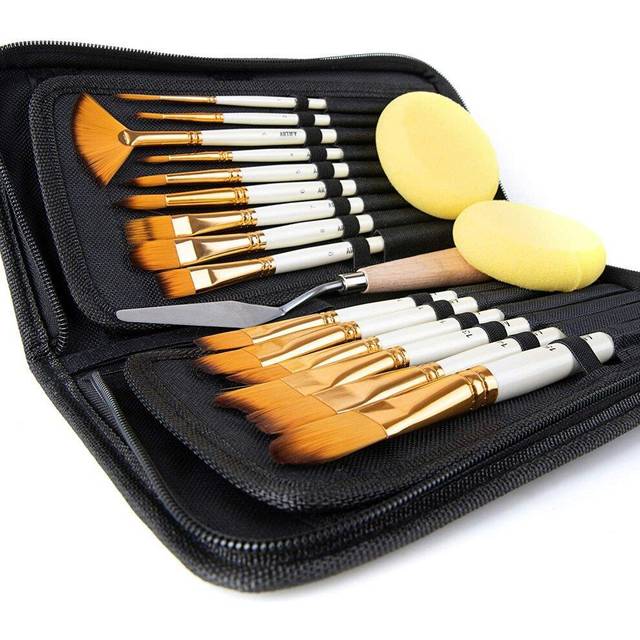 Artify 15 pcs Paint Brush Set for Acrylic Oil Watercolor Gouache Painting Includes Pop-up Carrying Case with Palette Knife and 2 Sponges, Pe