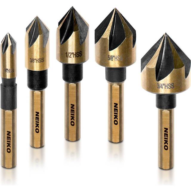NEIKO 10218A Countersink Drill Bit Set for Wood and Metal  14 TriFlat Shank  5 Piece Countersink Bits  M2 High Speed Steel