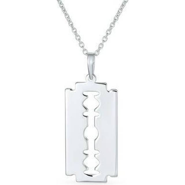 Personalize Unisex Hip Hop Biker Jewelry Goth Punk Stone Razor Blade Dog Tag Pendant Necklace for Men Women Teens Sterling Silver with Customizable silver