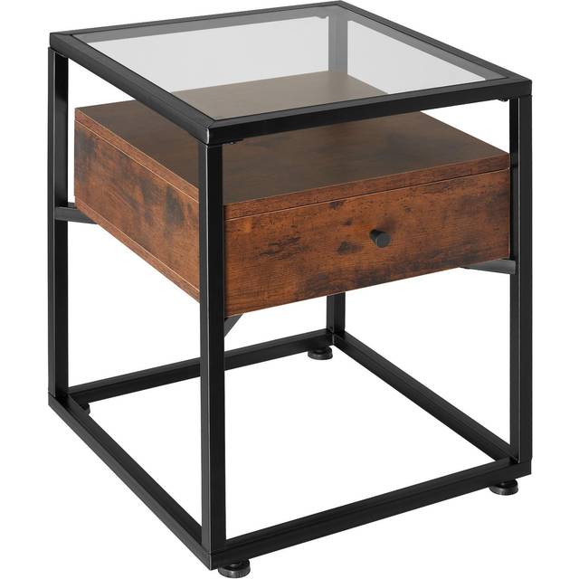 Tectake - Nightstand with glass surface and drawer - Bedside table, Side table, Glass table - Industrial wood dark, rustic