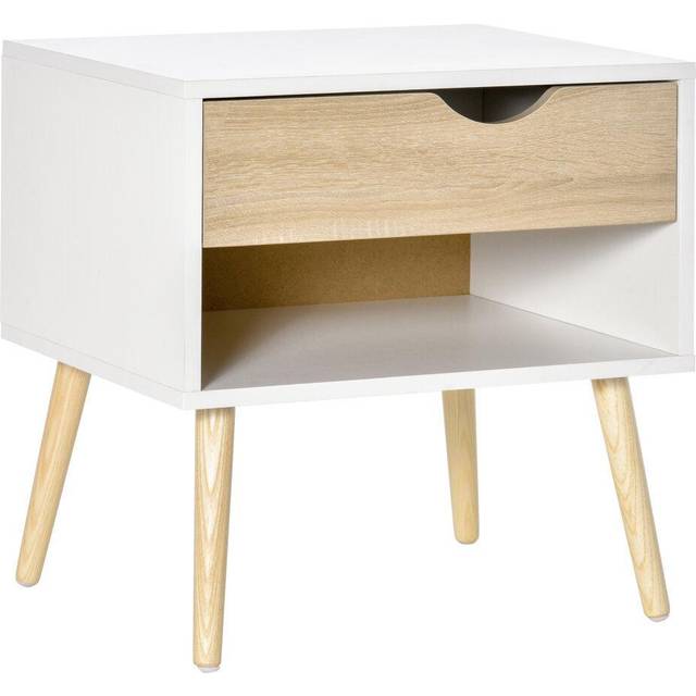 HOMCOM Minimalist Bedside Table w/Drawer, Shelf Oak/White, Brown