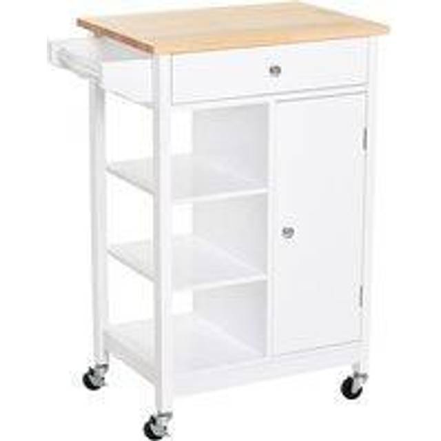 HOMCOM Kitchen Storage Trolley Unit Wood Top Shelves Cupboard Drawer Rail White, none