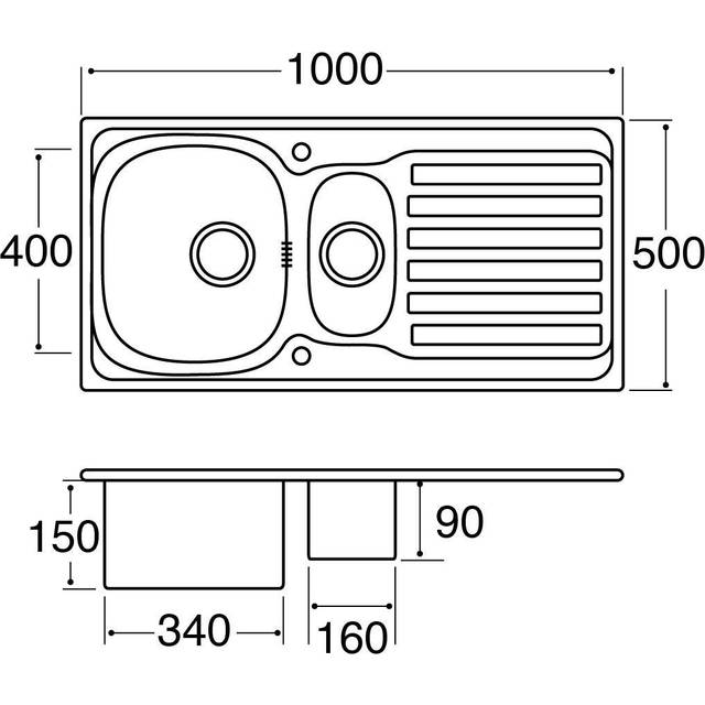 100cm x 50cm 1.5 Bowl Inset Kitchen Sink - Shiny stainless steel (1,000mm L X 500mm W)