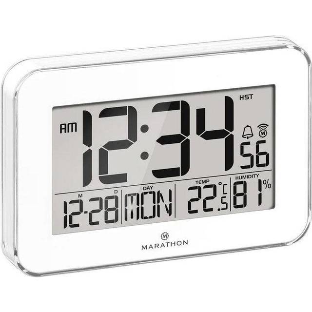 Marathon Clock Crystal Framed Atomic Wall Temperature & Humidty White - Black