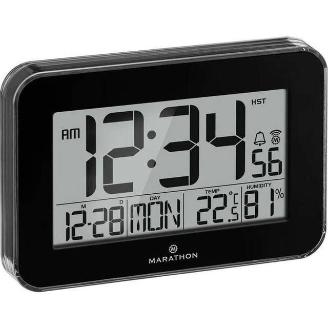 Marathon Clock Crystal Framed Atomic Wall Temperature & Humidty Black - Black