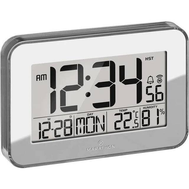 Marathon Clock Crystal Framed Atomic Wall Temperature & Humidty Silver - Black
