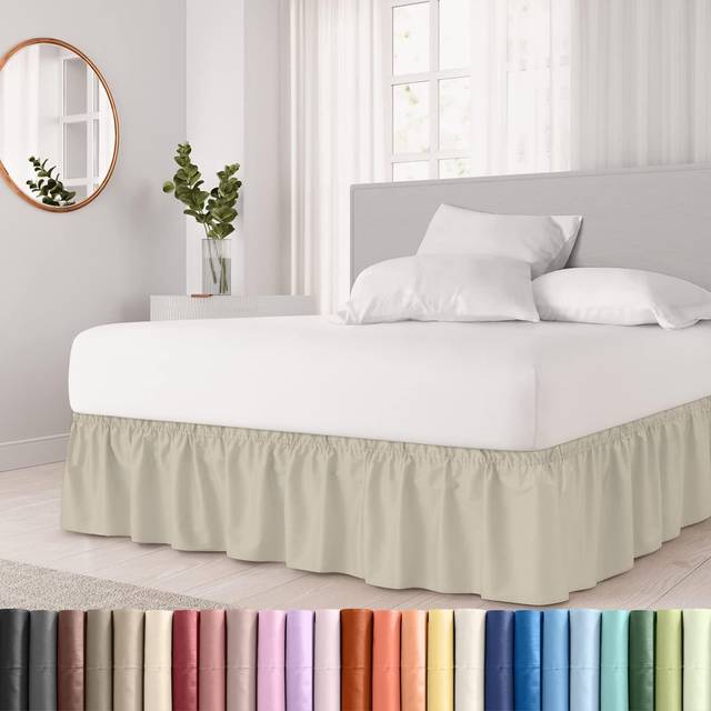 Wrap Around Dust Ruffle Bed Skirt - Cream - Bed Skirt for Full Size Beds with 15 in. Drop - Easy Fit Elastic Strap - Pleated Bedskirt with Brushed Fab
