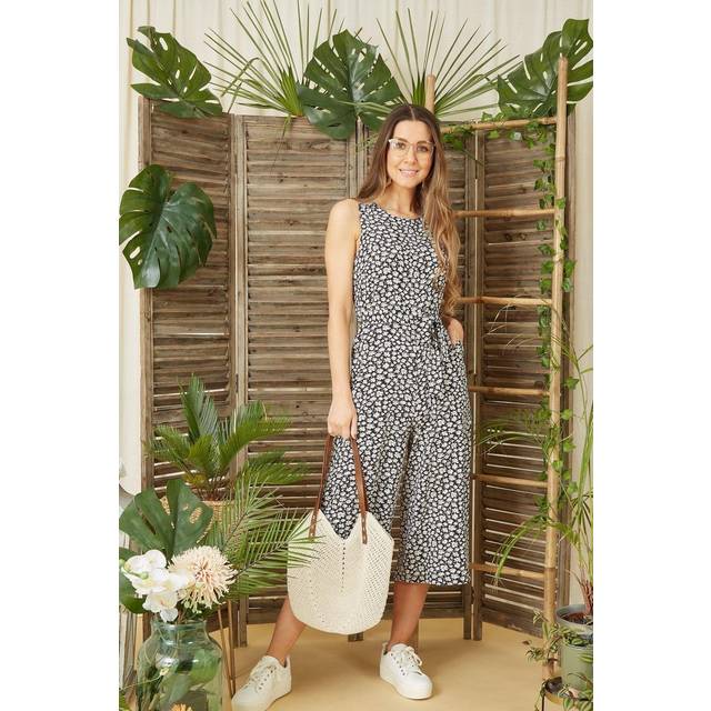 Mela London Womens Black Ditsy Daisy Culotte Jumpsuit - Size 16 UK