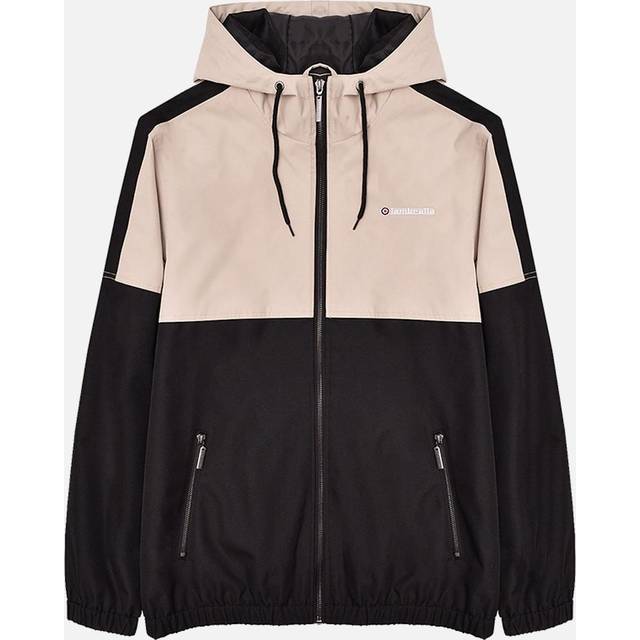 (S, Black/Stone) Lambretta Mens Contrast Panel Full Zip Hooded Warm Winter Jacket Coat