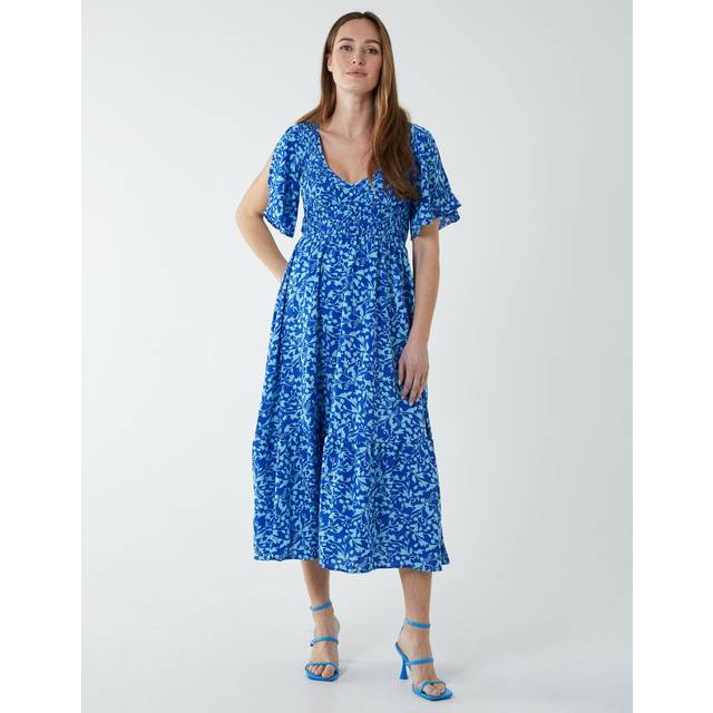 Womens Shirred Bust Midi Dress With Angel Sleeves - Blue - 8