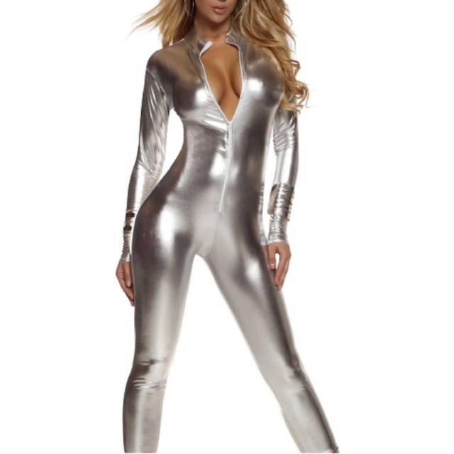 Solid Silver Mock Neck Jumpsuit Costume for Women - Gray (S/M)