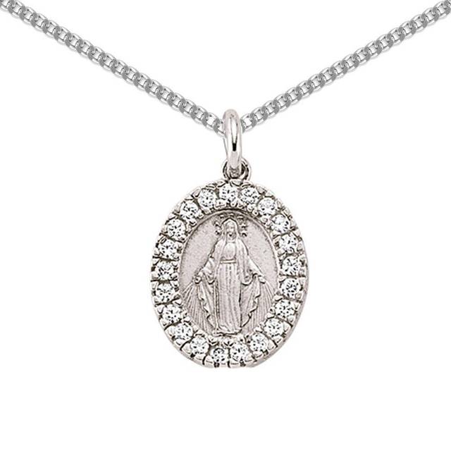 Jewelco London Ladies Sterling Silver Cubic Zirconia Oval Halo Madonna Miraculous Medallion Necklace 18 inch - GVP223RH