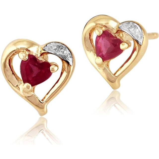 Classic Heart Ruby & Diamond Stud Earrings in 9ct Yellow Gold